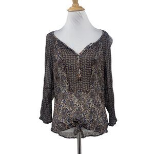 Lucky Brand Blouse Womens S Small Multi Live In Love Paisley Floral Tie Front